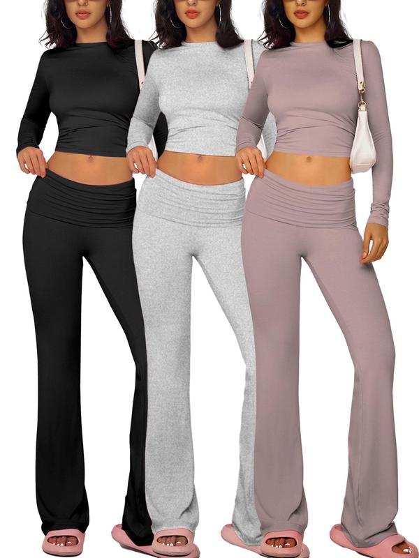 Women's Solid Mock Neck Long Sleeve Tee & Flare Leg Pants Loungewear Set, Casual Comfy Loungewear Set for Daily Wear, Ladies Sleepwear for All Seasons