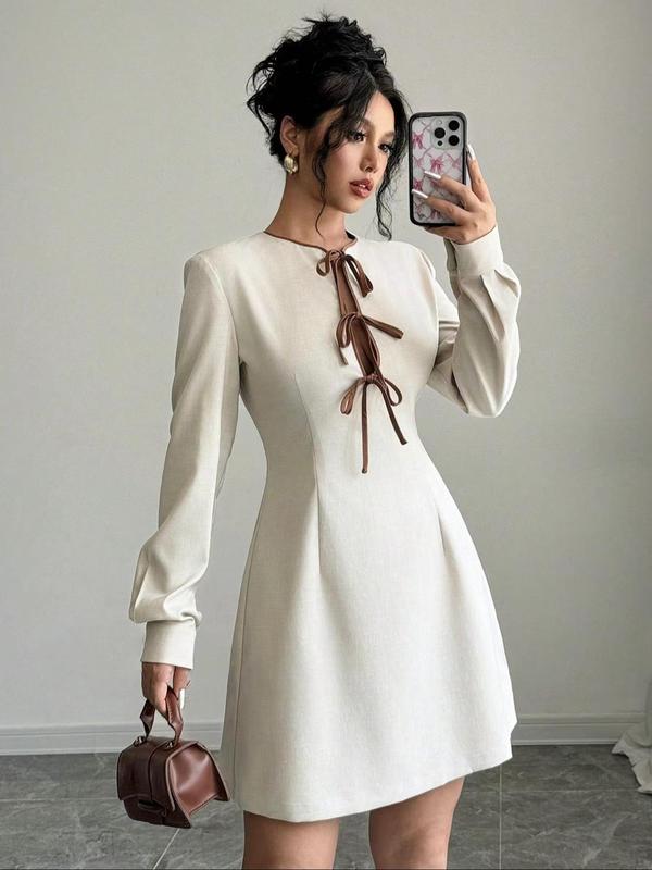 Women's Plain Tie Front Bishop Sleeve Dress, Elegant Zipper Back A Line Short Dress for Party Holiday Wedding Guest, Ladies Fall & Winter Clothes