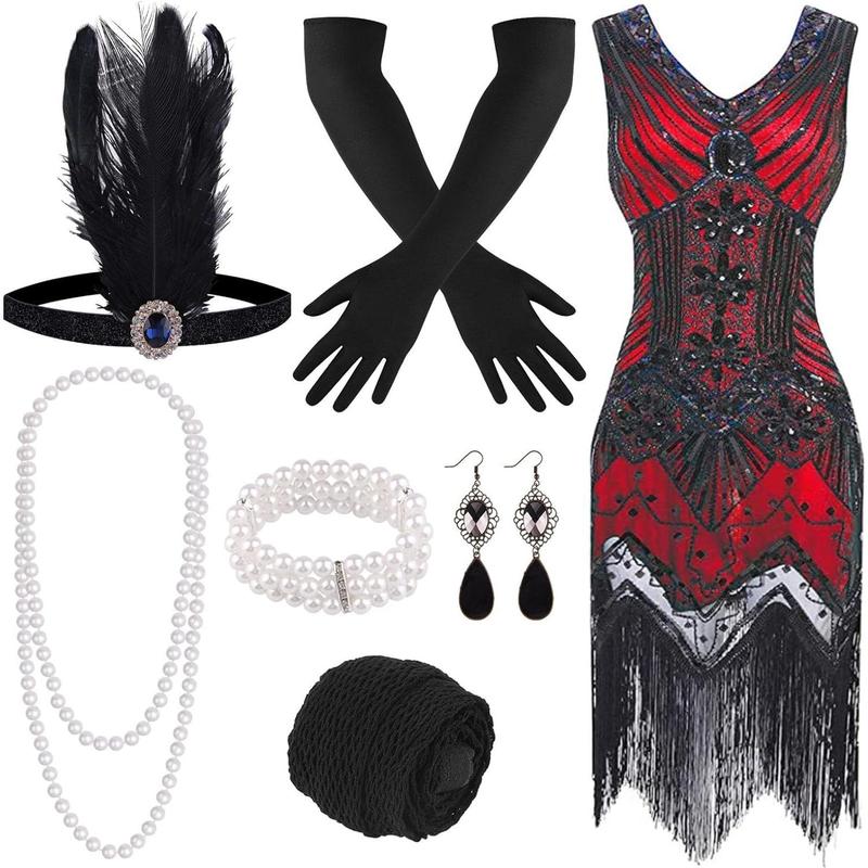 1920s V Neck Sequin Beaded Fringed Dress with 20s Accessories Set