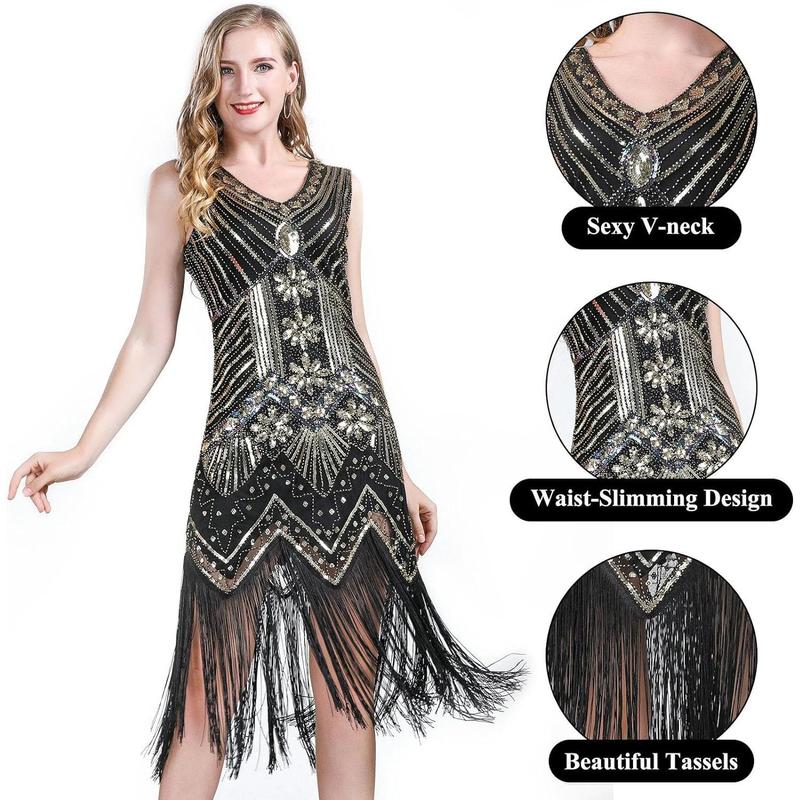 1920s V Neck Sequin Beaded Fringed Dress with 20s Accessories Set