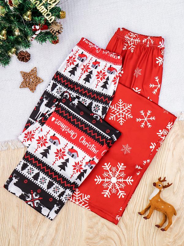 2 PCS Per Pack Christmas Gift Mama Family daughter Casual Women's Soft Drawstring Sleeping Xmas Pijamas Pjs Pajama Bottoms Long Outfit Loungewear Pants Set, Floral Pattern Knit Fabric, Red ,Pyjamas Trouser    Pajama Set Nightwear Womenswear Homewear