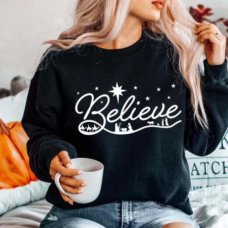 Believe Nativity Christmas Shirt, Christian Sweatshirt, Jesus Christmas T-shirts, Religious Christmas Gift, Christian Family Christmas Tees