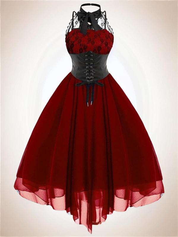 Women's Contrast Lace Halter Asymmetrical Hem Vintage Dress, Gothic Lace Up Corset Shirred Dress, Summer Clothes Women, Women's Gown, Halloween, Halloween Costume