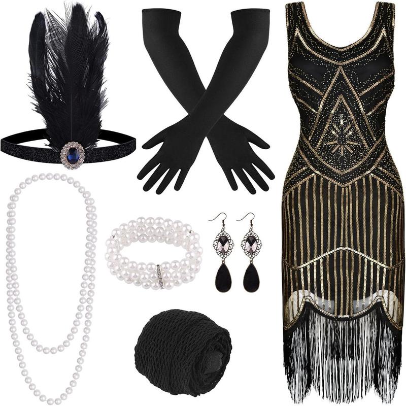 1920s V Neck Sequin Beaded Fringed Dress with 20s Accessories Set
