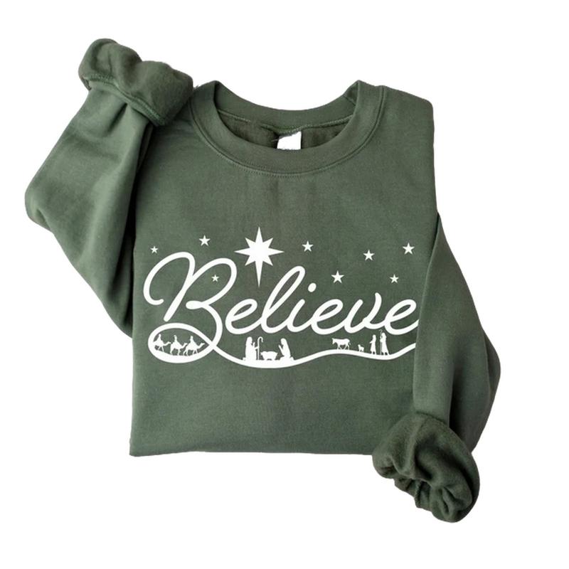 Believe Nativity Christmas Shirt, Christian Sweatshirt, Jesus Christmas T-shirts, Religious Christmas Gift, Christian Family Christmas Tees