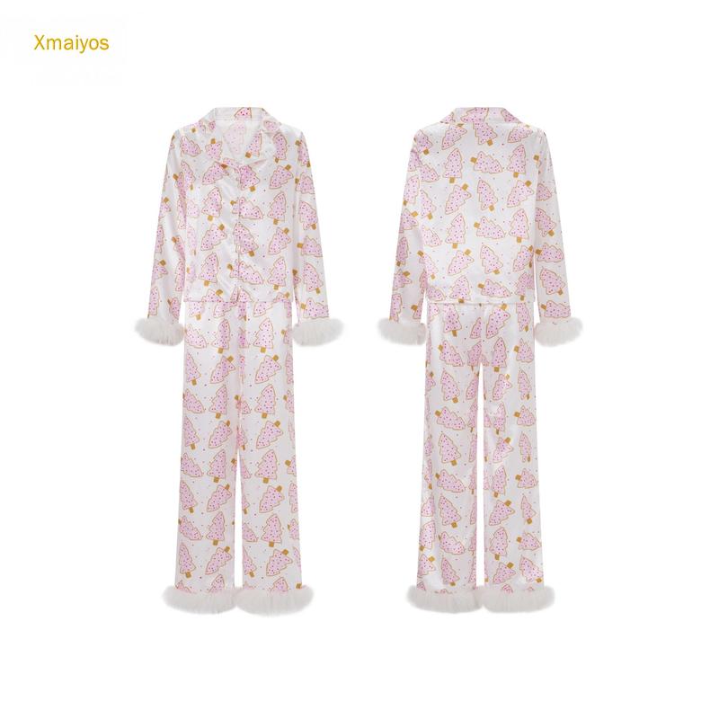 Women Christmas Pajamas Lounge Set Santa Christmas Tree Boots Print Shirts Tops and Pants 2 Piece Loungewear Outfits Long Sleeve Nightwear