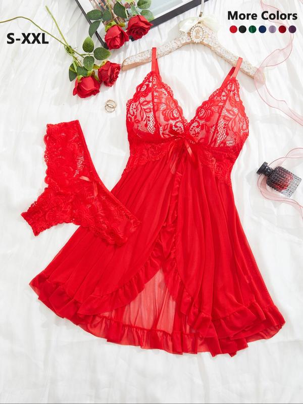Women's Contrast Lace Bow Decor Cami Nightdress & Lace Underwear Set, Sexy Adjustable Strap Backless Nightgown & Underwear Set, Ladies Sleepwear
