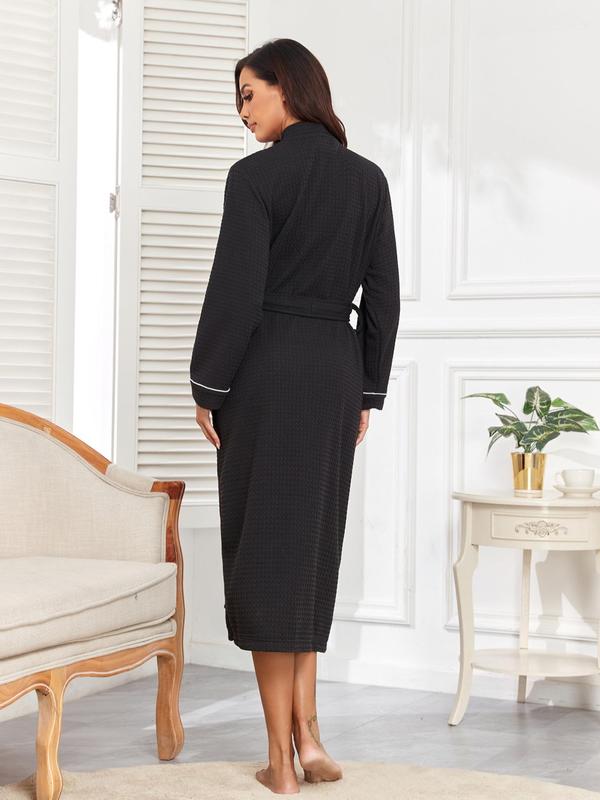 Women's Contrast Binding Belted Waffle Lounge Robe, Elegant Long Sleeve Pocket Design Robe, Robe for Women, Ladies Sleepwear for Fall & Winter, Fall Wear, Fallfreshness Clothes