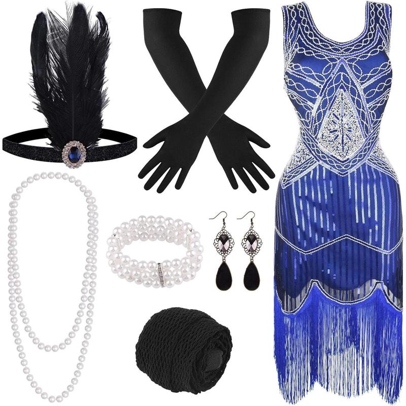 1920s V Neck Sequin Beaded Fringed Dress with 20s Accessories Set