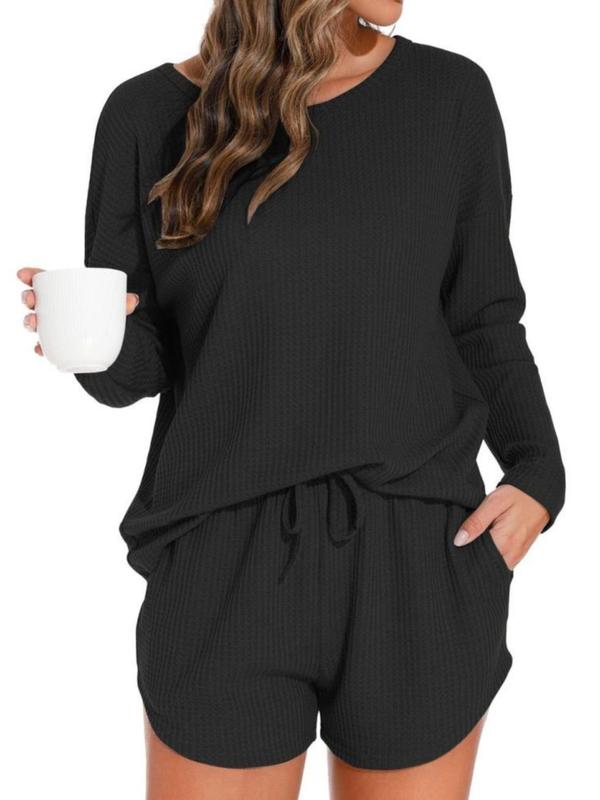 Women's Solid Color Drop Shoulder Tee & Drawstring Waist Pocket Shorts Loungewear Two-piece Set, Casual Comfy Round Neck Long Sleeve Top & Shorts Pj Set, Ladies Sleepwear for Spring & Fall