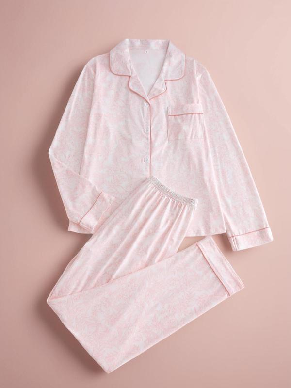 Two-Piece Set Women's All Over Print Button Front Shirt & Elastic Waist Pants Pyjama, Casual Comfy Lapel Long Sleeve Top & Trousers PJ Set, Women's Sleepwear for Spring & Fall