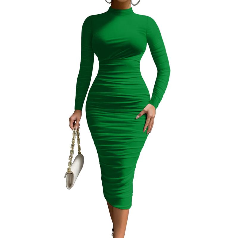 OYS Women's Cocktail Bodycon Long Sleeve Mock Neck Mesh Ruched Midi Party Dress