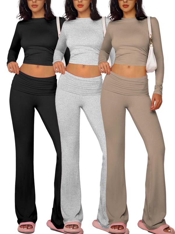 Women's Solid Mock Neck Long Sleeve Tee & Flare Leg Pants Loungewear Set, Casual Comfy Loungewear Set for Daily Wear, Ladies Sleepwear for All Seasons