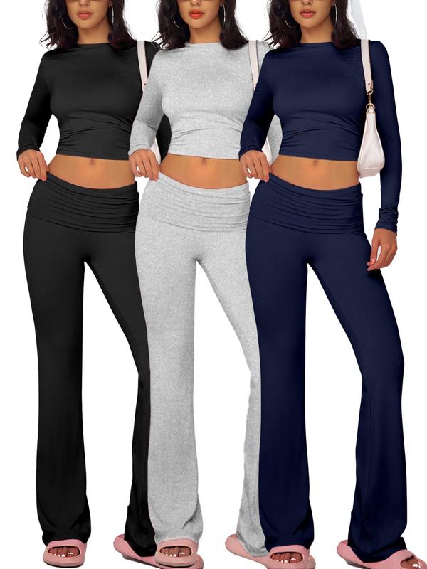 Women's Solid Mock Neck Long Sleeve Tee & Flare Leg Pants Loungewear Set, Casual Comfy Loungewear Set for Daily Wear, Ladies Sleepwear for All Seasons