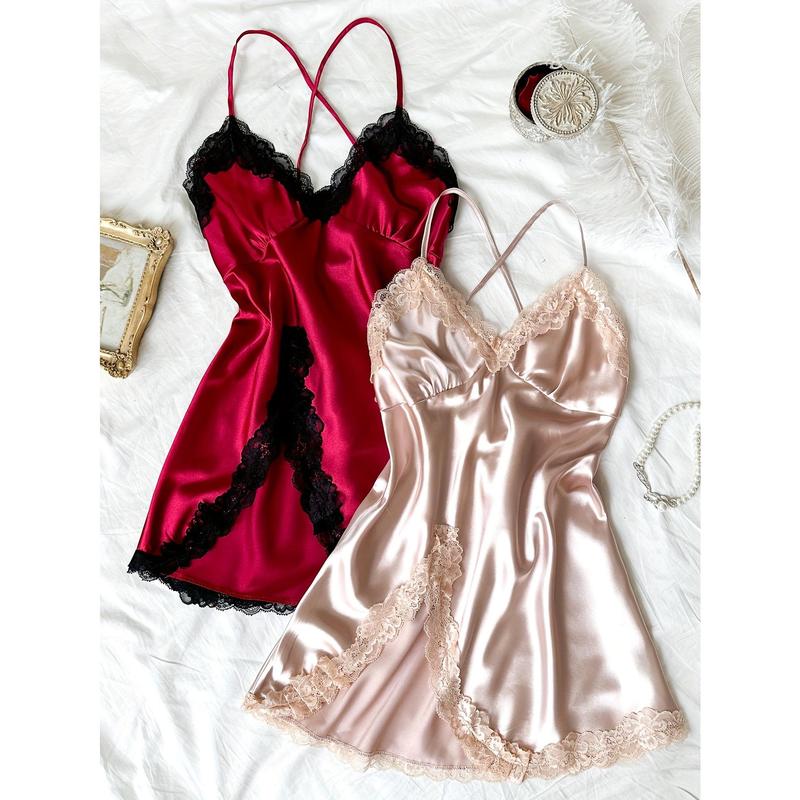 Two Solid Satin Lace Trim Nightgown, Sexy V-neck Cross Straps Backless Split Hem Nightgown, Women's Sleepwear
