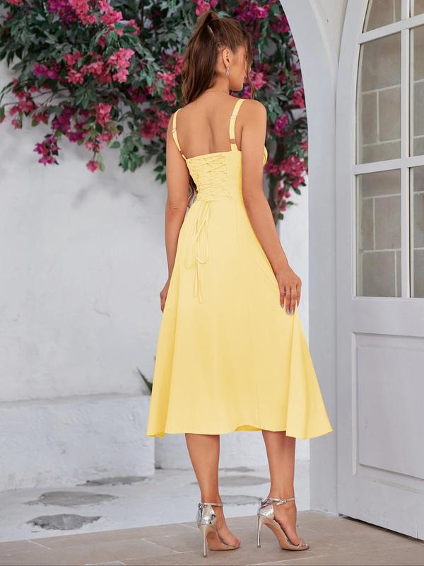 Women's Lace Up Split Thigh Cami Dress, Women's Casual Wear Clothing, Elegant Adjustable Strap Tie Front Midi Dress, Back-to-school Clothing, Dresses for Women, Women's Dress for Summer Beach Holiday Christmas