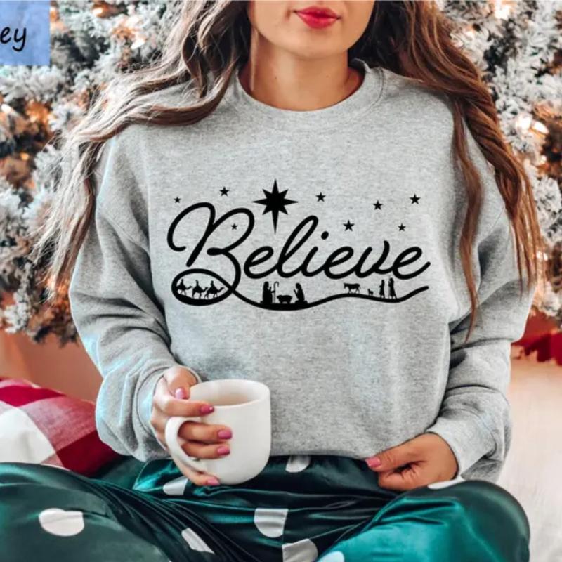 Believe Nativity Christmas Shirt, Christian Sweatshirt, Jesus Christmas T-shirts, Religious Christmas Gift, Christian Family Christmas Tees