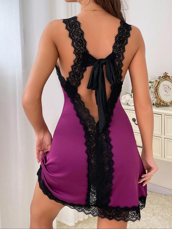 Women's Contrast Lace Cut Out Nightdress, Soft Comfortable Tie Back V Neck Nightgown for All Seasons, Fashion Ladies' Sleepwear for Daily Wear