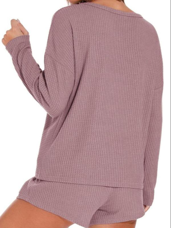 Women's Solid Color Drop Shoulder Tee & Drawstring Waist Pocket Shorts Loungewear Two-piece Set, Casual Comfy Round Neck Long Sleeve Top & Shorts Pj Set, Ladies Sleepwear for Spring & Fall