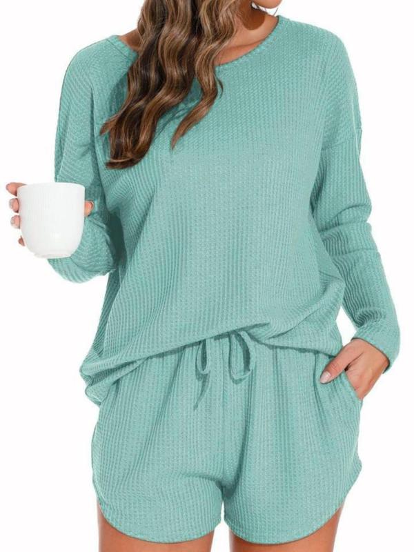 Women's Solid Color Drop Shoulder Tee & Drawstring Waist Pocket Shorts Loungewear Two-piece Set, Casual Comfy Round Neck Long Sleeve Top & Shorts Pj Set, Ladies Sleepwear for Spring & Fall