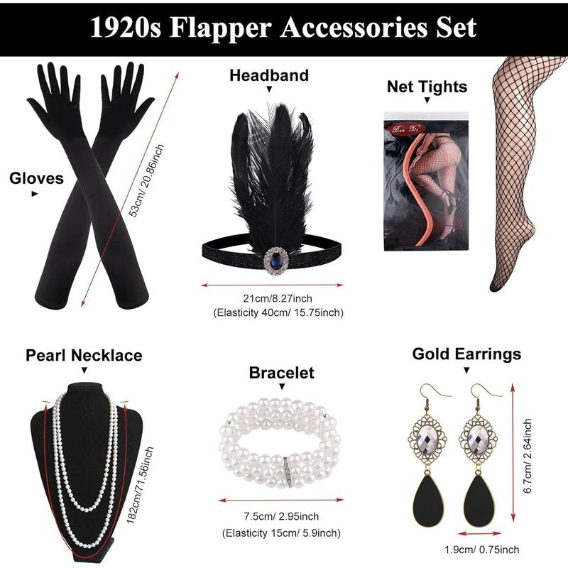 1920s V Neck Sequin Beaded Fringed Dress with 20s Accessories Set