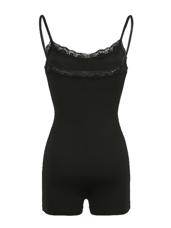 Women's Plain Contrast Lace Cami Romper, Casual Bodycon Romper for Summer, Back To School Lady's Clothing, Overalls Summer Outfits 2024 for Daily Wear, Chic Womenswear Onesies, Night Out Outfits Downtown Girl Clothes