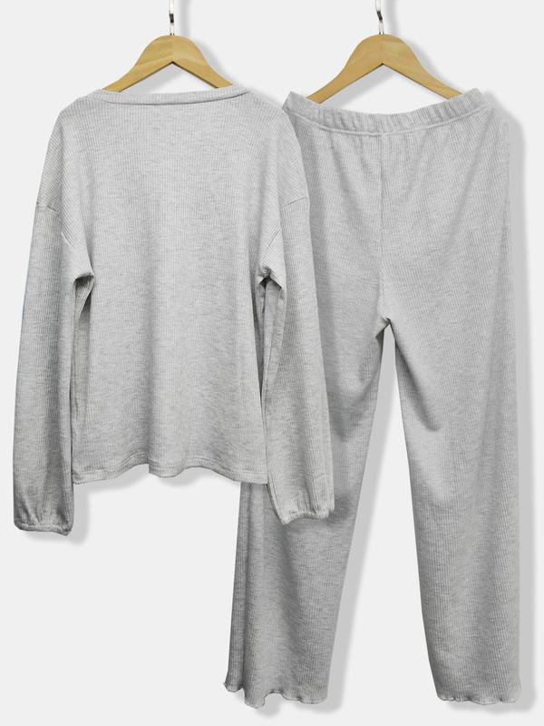 Women's Solid Waffle Knit Drop Shoulder Tee & Tie Front Pants Loungewear Two-piece Set, Comfy Round Neck Long Sleeve Top & Trousers PJ Set, Ladies Sleepwear for Spring & Fall, Pajama Sets Women