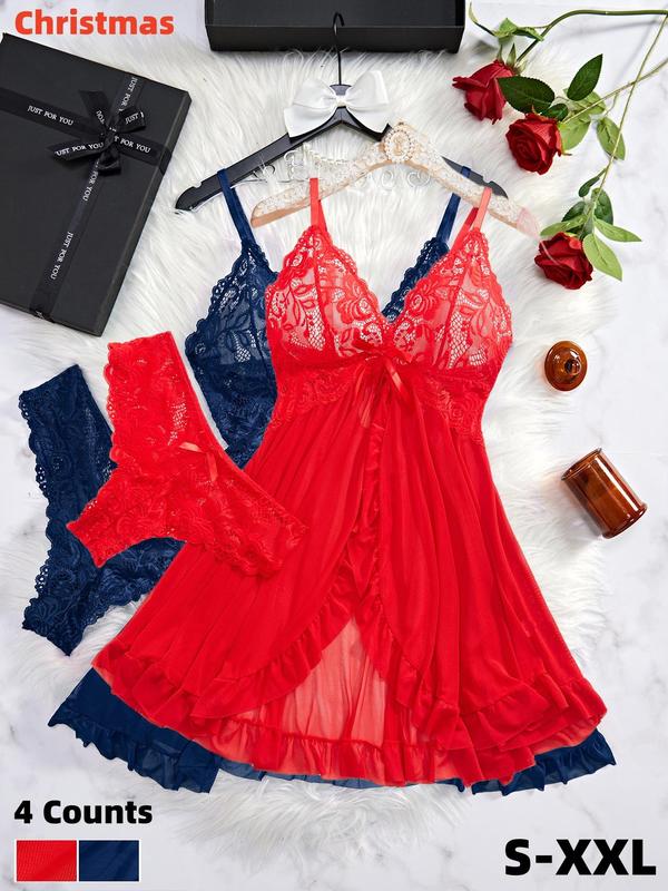 Women's Contrast Lace Bow Decor Cami Nightdress & Lace Underwear Set, Sexy Adjustable Strap Backless Nightgown & Underwear Set, Ladies Sleepwear