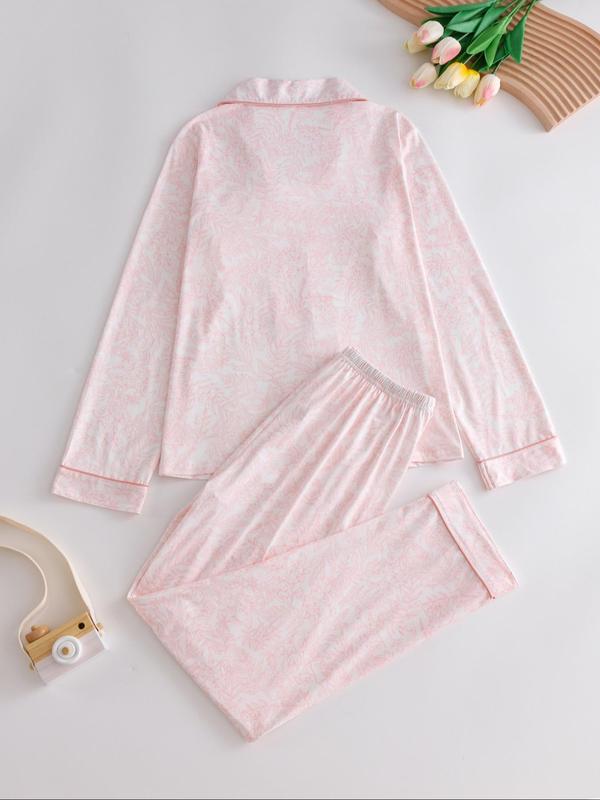 Two-Piece Set Women's All Over Print Button Front Shirt & Elastic Waist Pants Pyjama, Casual Comfy Lapel Long Sleeve Top & Trousers PJ Set, Women's Sleepwear for Spring & Fall