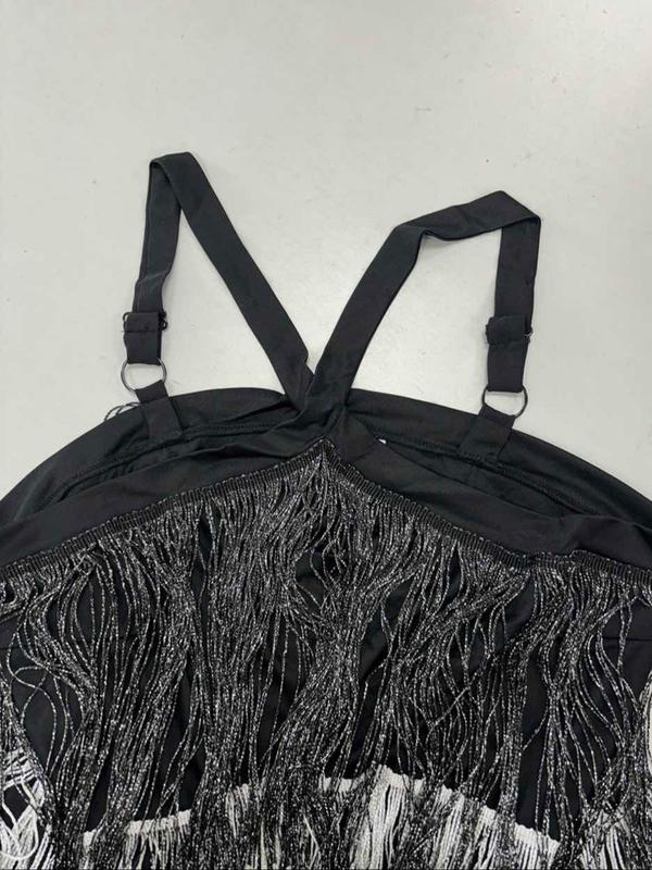  Colorblock Fringe Trim Backless Halter Party Dress, Elegant Adjustable Strap Sleeveless Short Dress for Party Club Dating Wear, Women's Clothes for All Seasons