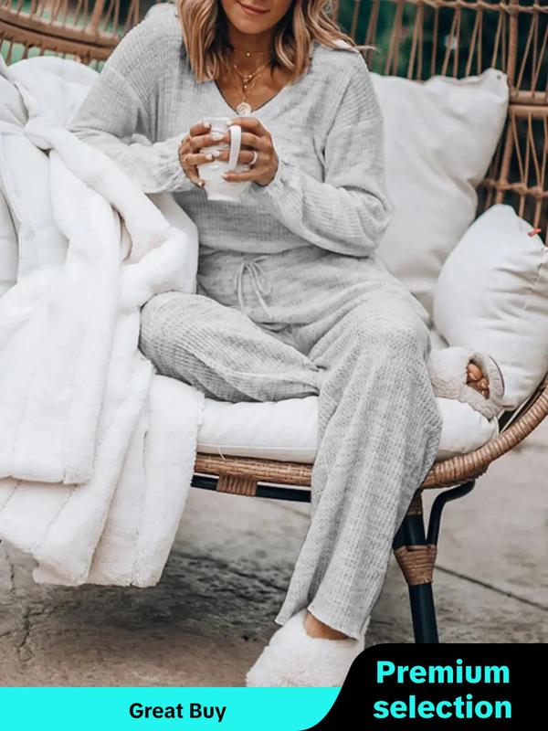 Women's Solid Waffle Knit Drop Shoulder Tee & Tie Front Pants Loungewear Two-piece Set, Comfy Round Neck Long Sleeve Top & Trousers PJ Set, Ladies Sleepwear for Spring & Fall, Pajama Sets Women