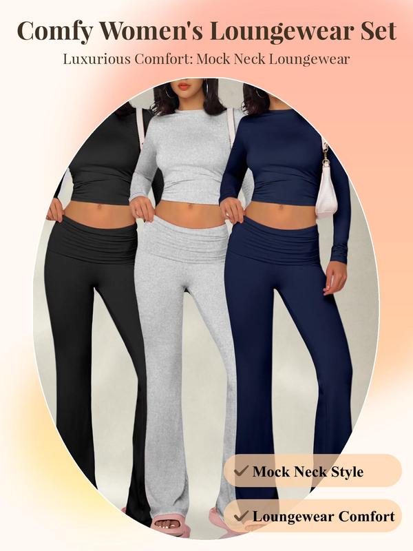 Women's Solid Mock Neck Long Sleeve Tee & Flare Leg Pants Loungewear Set, Casual Comfy Loungewear Set for Daily Wear, Ladies Sleepwear for All Seasons
