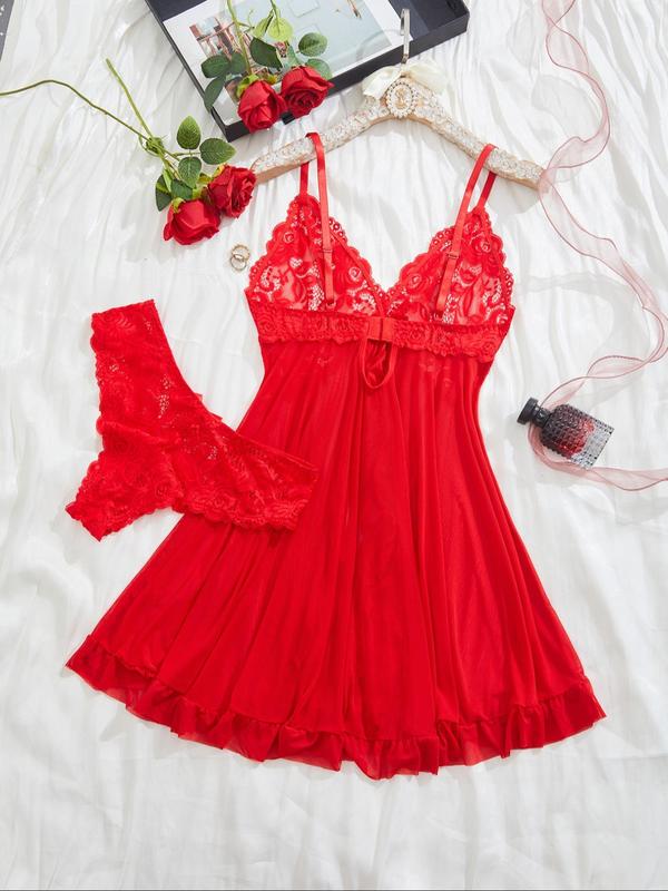Women's Contrast Lace Bow Decor Cami Nightdress & Lace Underwear Set, Sexy Adjustable Strap Backless Nightgown & Underwear Set, Ladies Sleepwear