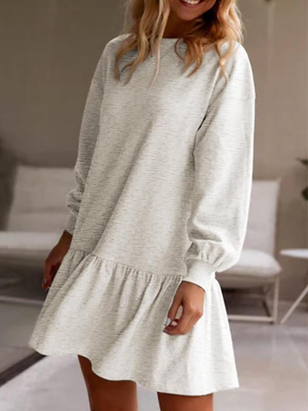 Women's Plain Ruffle Hem Drop Shoulder Dress, Casual Long Sleeve Round Neck Short Dress for Spring & Fall, Fashion Women's Clothing for Daily Wear