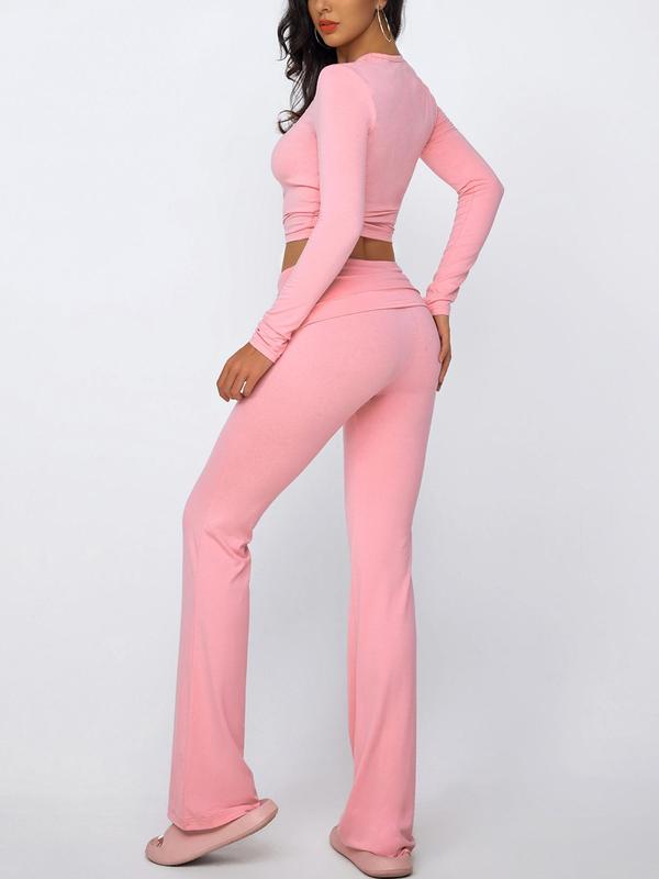 Women's Solid Mock Neck Long Sleeve Tee & Flare Leg Pants Loungewear Set, Casual Comfy Loungewear Set for Daily Wear, Ladies Sleepwear for All Seasons