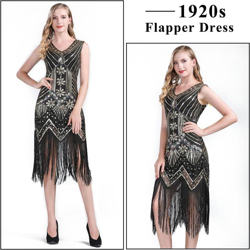 1920s V Neck Sequin Beaded Fringed Dress with 20s Accessories Set