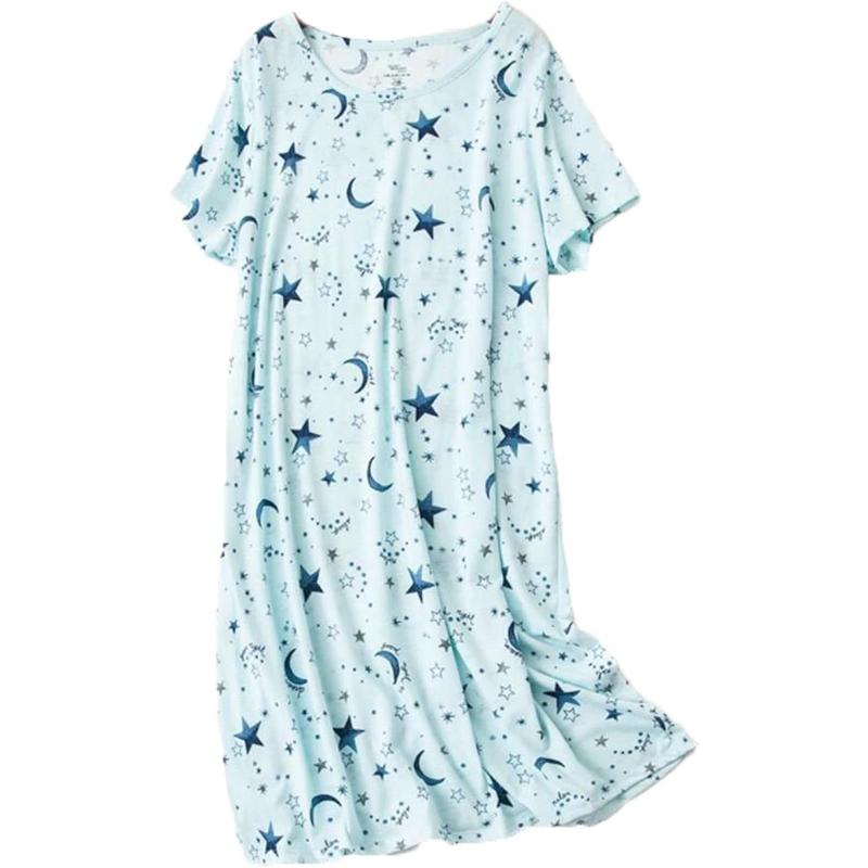 Women's Cotton Nightgown Sleepwear Short Sleeves Shirt Casual Print Sleepdress Loungewear Womenswear Underwear Lady