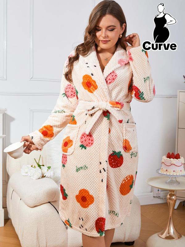 One Piece Thermal Lined Fruit Print Belted Pocket Wrap Fannel Pj Loungewear Homewear Robe, 2000s Robe, Casual Women's Comfort Long Sleeve Shawl Collar Textured Robe for Fall & Winter, Womens Clothes, Womenswear Gowns