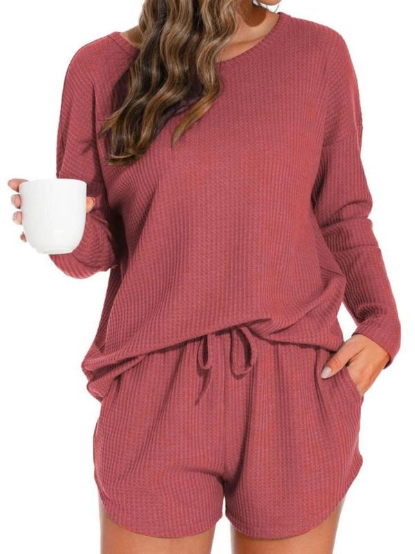 Women's Solid Color Drop Shoulder Tee & Drawstring Waist Pocket Shorts Loungewear Two-piece Set, Casual Comfy Round Neck Long Sleeve Top & Shorts Pj Set, Ladies Sleepwear for Spring & Fall