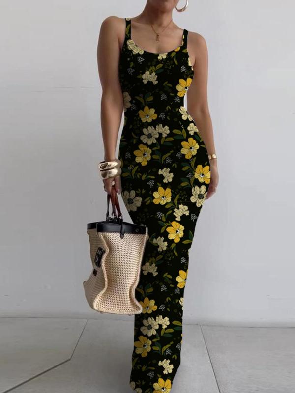 Fall Women's All Over Print Cami Bodycon Dress, Elegant Sleeveless Scoop Neck Long Dress for Party Dating, Summer Outfits 2024, Ladies Summer Clothes, Dresses for Women, Summer Dresses, Black Girl Outfits