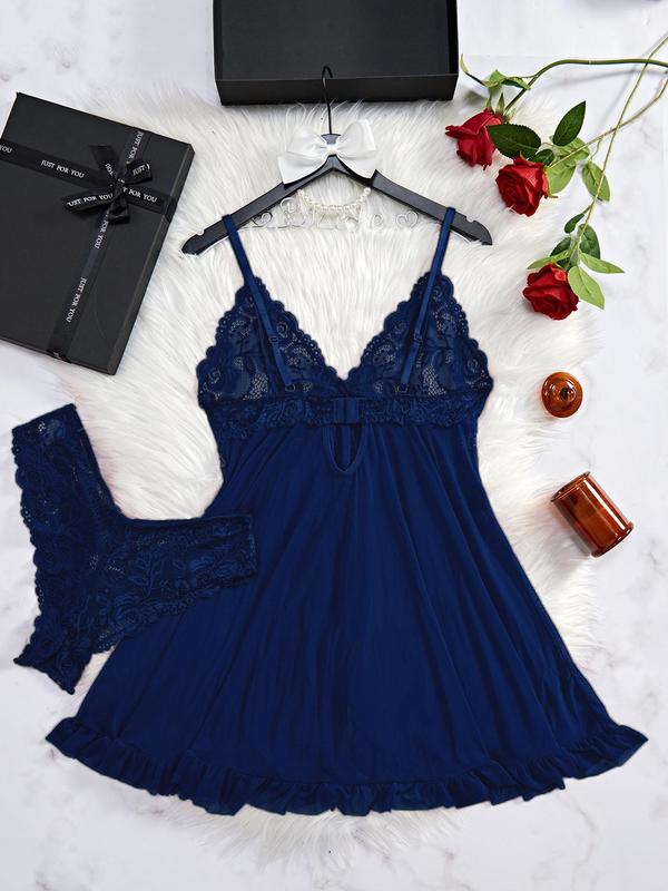 Women's Contrast Lace Bow Decor Cami Nightdress & Lace Underwear Set, Sexy Adjustable Strap Backless Nightgown & Underwear Set, Ladies Sleepwear