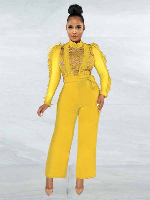 Women's Contrast Lace Straight Leg Jumpsuit, Elegant Long Sleeve Stand Collar Belted Jumpsuit, Ladies Summer Clothes for Party Holiday Vacation