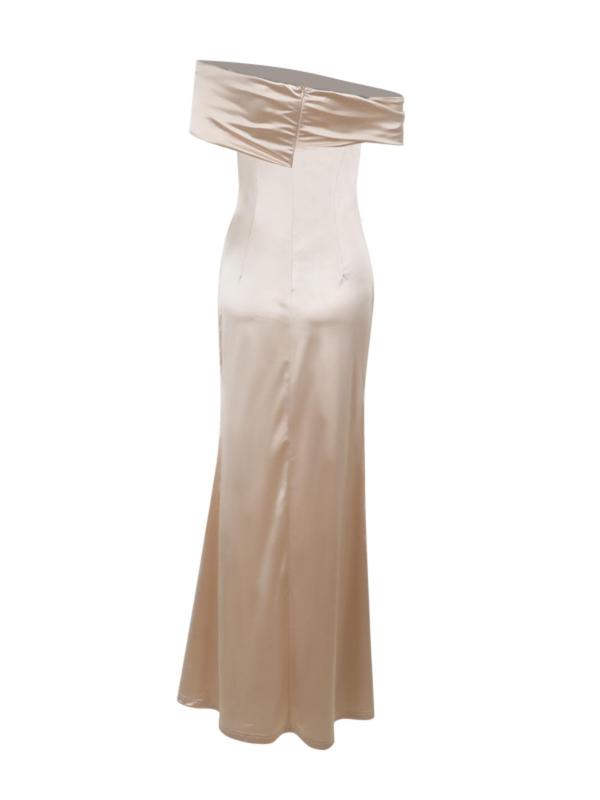 Women's Off the Shoulder Ruched Split Thigh Evening Dress, Elegant Zipper Back Maxi Dress for Party & Banquet, Ladies' Clothes for All Seasons