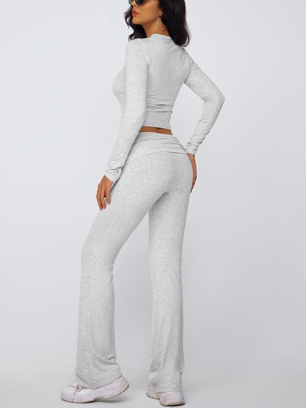 Women's Solid Mock Neck Long Sleeve Tee & Flare Leg Pants Loungewear Set, Casual Comfy Loungewear Set for Daily Wear, Ladies Sleepwear for All Seasons