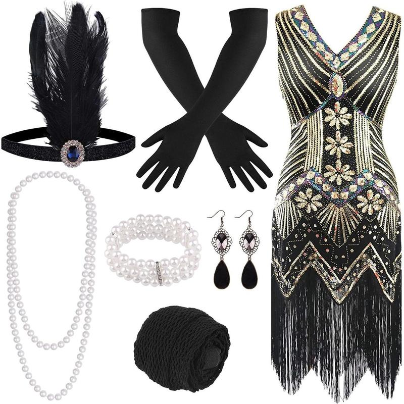 1920s V Neck Sequin Beaded Fringed Dress with 20s Accessories Set