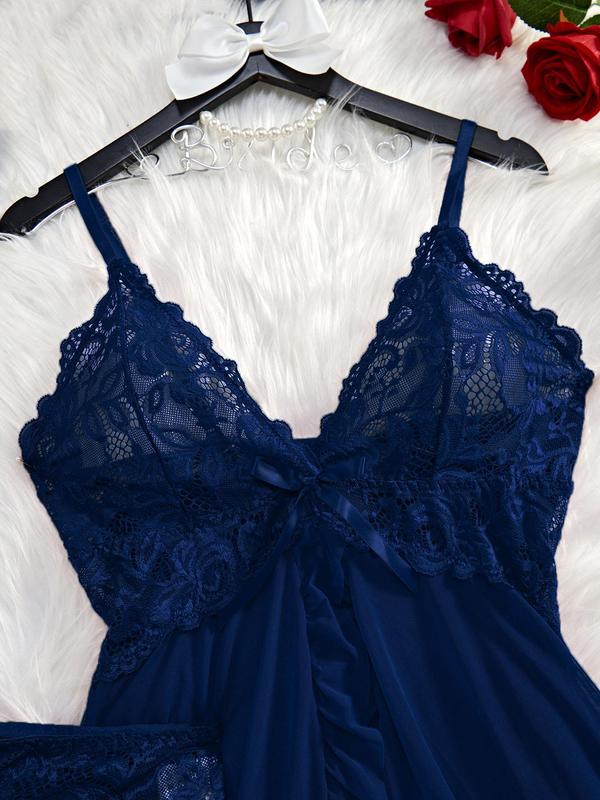 Women's Contrast Lace Bow Decor Cami Nightdress & Lace Underwear Set, Sexy Adjustable Strap Backless Nightgown & Underwear Set, Ladies Sleepwear