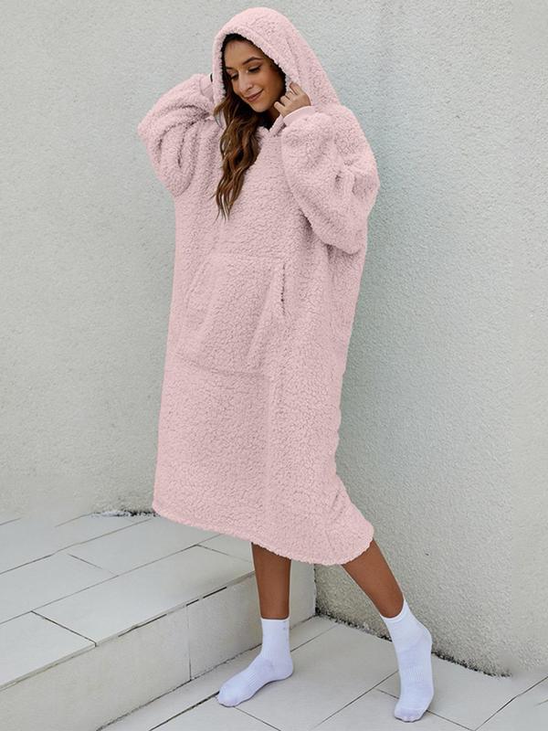 Women's Solid Color Drop Shoulder Hooded Bathrobe, Casual Long Sleeve Pocket Design Dressing Gown, Ladies Sleepwear for  Winter