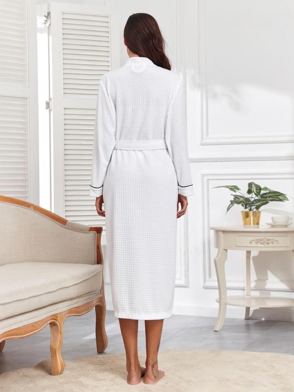Women's Contrast Binding Belted Waffle Lounge Robe, Elegant Long Sleeve Pocket Design Robe, Robe for Women, Ladies Sleepwear for Fall & Winter, Fall Wear, Fallfreshness Clothes