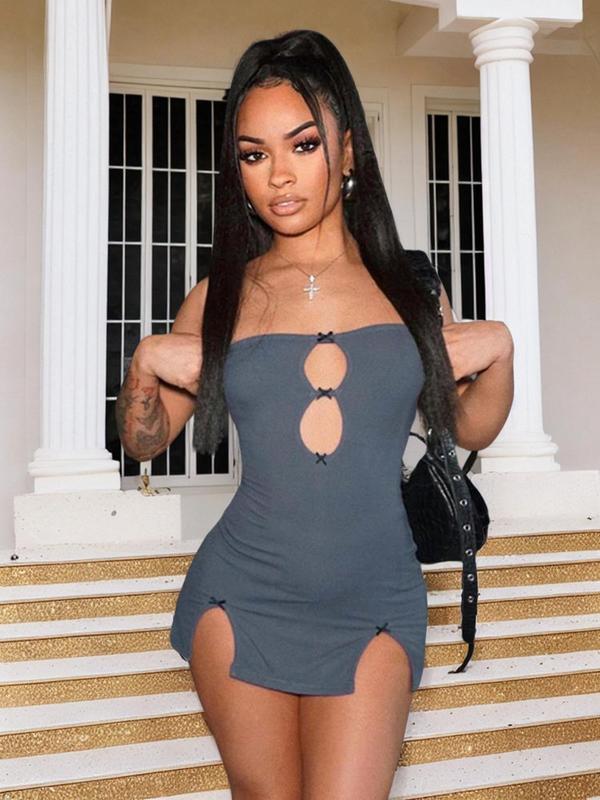 Women's Plain Bow Decor Cut Out Split Thigh Bodycon Dress, Street Fashion Sleeveless Mini Tube Dress for Nightclub Party, Summer Outfits, Ladies Summer Clothes Black Girl Outfits