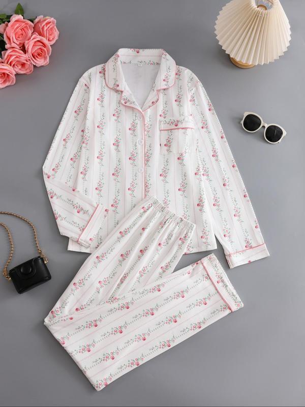 Two-Piece Set Women's Floral Print Lapel Neck Button Front Shirt & Pants Pyjama, Casual Comfy Long Sleeve Pocket Top & Trousers PJ Set, Women's Sleepwear for Spring & Fall
